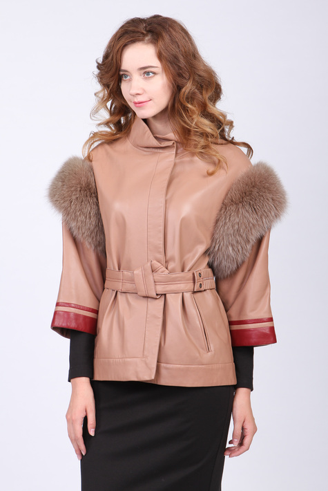 Женская кожаная куртка из натуральной кожи с воротником, отделка песец 0901629