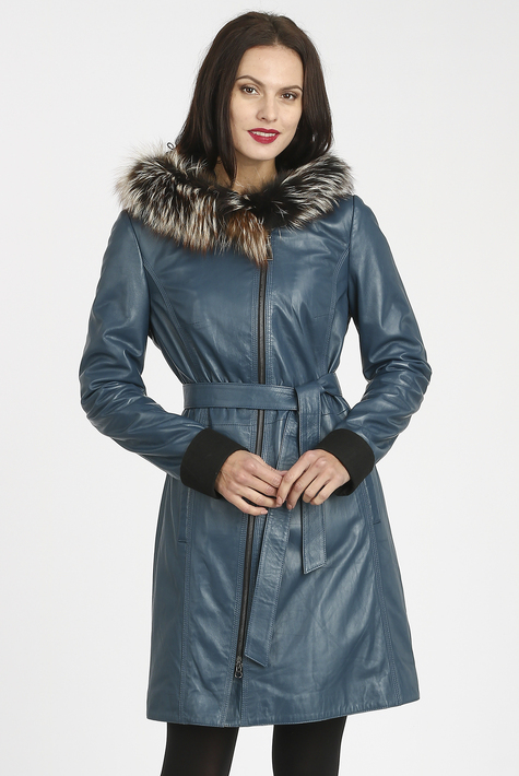 Женское кожаное пальто из натуральной кожи с капюшоном, отделка лиса 0902264