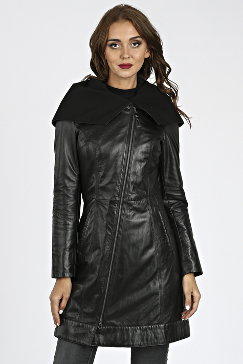 Женское кожаное пальто из натуральной кожи с капюшоном 0902294