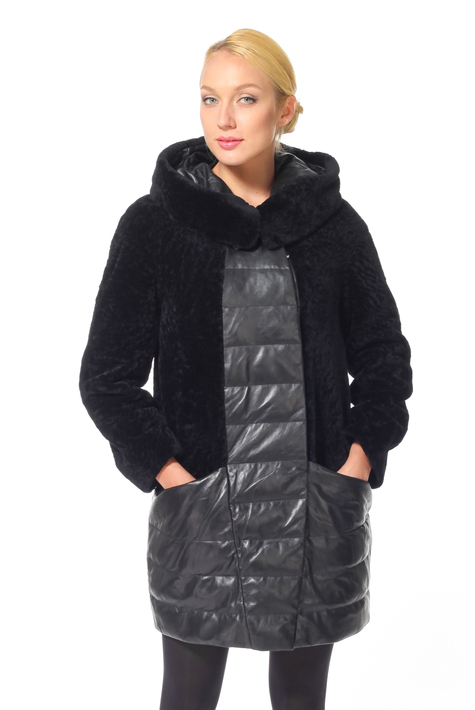 Женское кожаное пальто из натуральной кожи  с капюшоном, отделка астраган 1300656