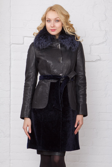 Женское кожаное пальто из натуральной кожи с воротником, отделка чернобурка 1400118