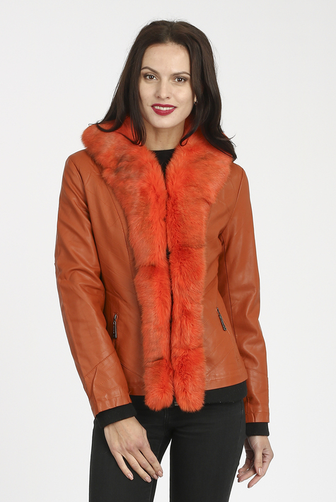 Женская кожаная куртка из эко-кожи с воротником, отделка кролик 1900004
