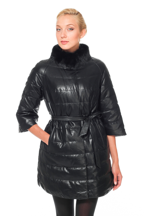 Женское кожаное пальто из эко-кожи, отделка норка 2100153