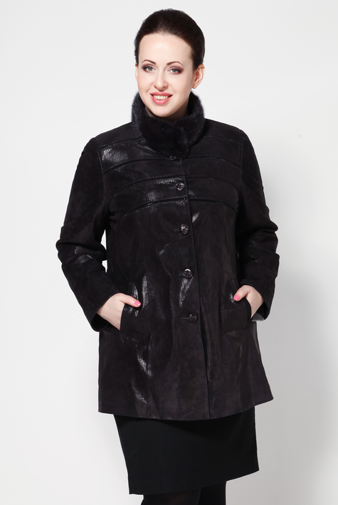 Женское кожаное пальто из натуральной замши (с накатом) с воротником, отделка норка 0900041