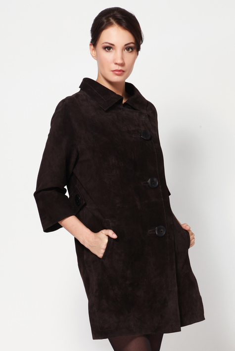 Женское кожаное пальто из натуральной замши с воротником 0900046
