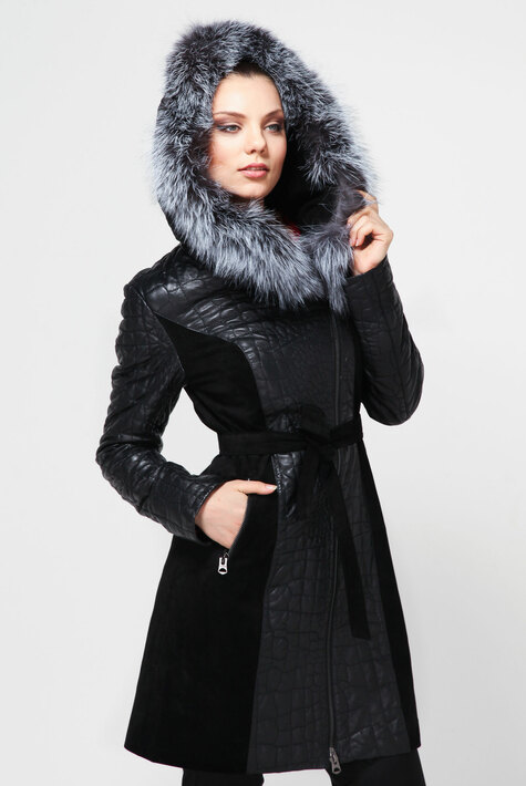 Женское кожаное пальто из натуральной кожи с капюшоном, отделка лиса 0900191