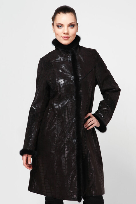 Женское кожаное пальто из натуральной замши (с накатом) с воротником, отделка норка 0900149