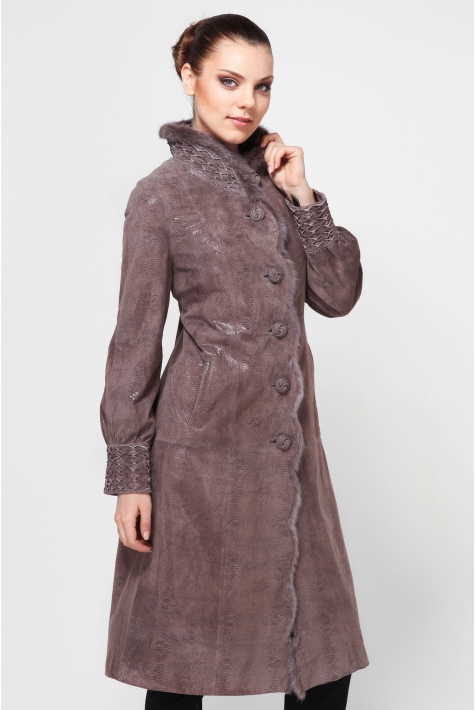 Женское кожаное пальто из натуральной замши (с накатом) с воротником, отделка норка 0900173