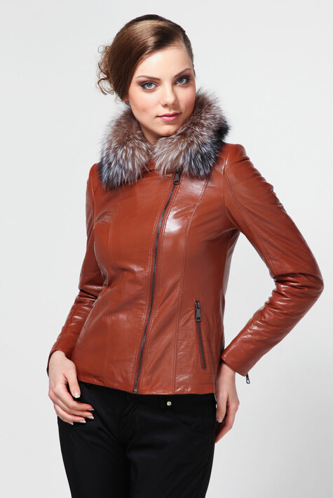 Женская кожаная куртка из натуральной кожи с воротником, отделка лиса 0900154