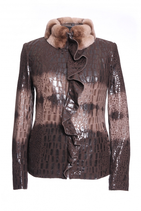 Женская кожаная куртка из натуральной кожи с воротником, отделка кролик 12705