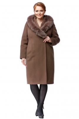 Демисезонное женское пальто из текстиля с капюшоном, отделка песец