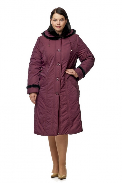 Женское пальто из текстиля с капюшоном, отделка норка 8010059