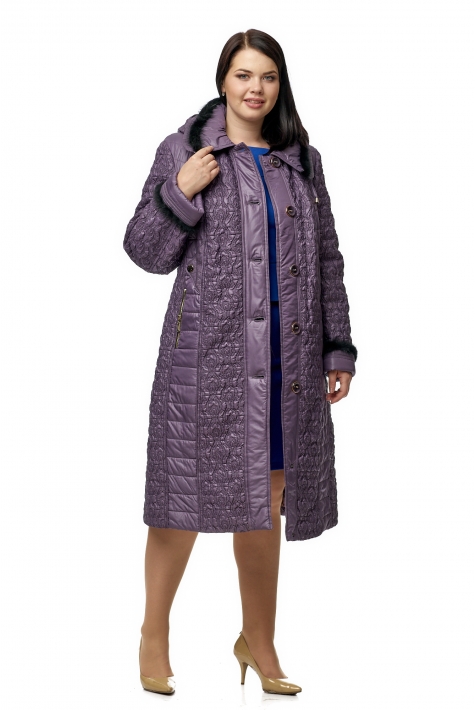 Женское пальто из текстиля с капюшоном, отделка норка 8012627