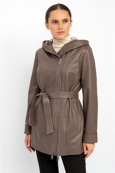 Женская кожаная куртка из натуральной кожи с капюшоном 8022273
