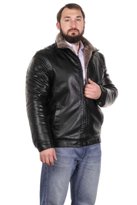 Мужская кожаная куртка из эко-кожи с воротником, отделка искусственный мех 8022703