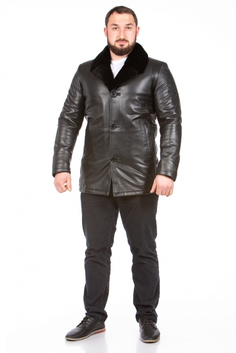 Мужская кожаная куртка из натуральной кожи на меху с воротником, отделка норка 8023634