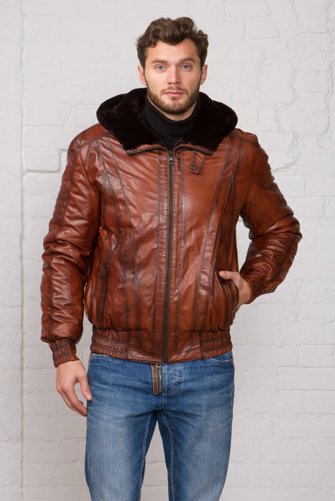 Мужская кожаная куртка из натуральной кожи на меху с капюшоном 3600010