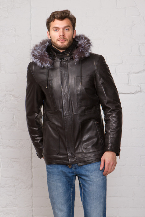 Мужская кожаная куртка из натуральной кожи на меху с капюшоном, отделка чернобурка 3600014