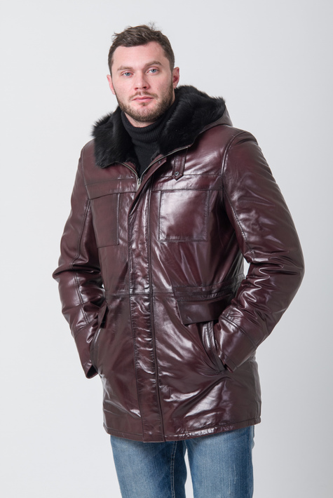 Мужская кожаная куртка из натуральной кожи на меху с капюшоном, отделка тоскана 3600021