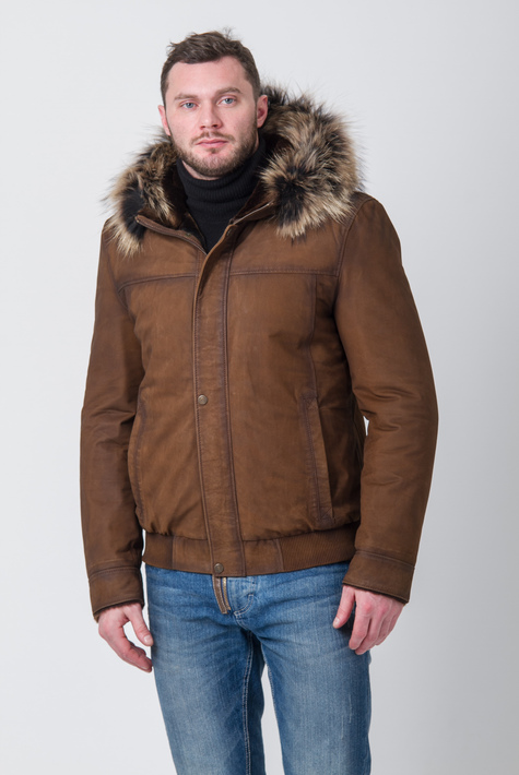 Мужская кожаная куртка из натуральной кожи на меху с капюшоном, отделка енот 3600026