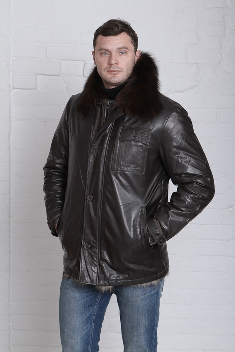 Мужская кожаная куртка из натуральной кожи на меху с воротником, отделка чернобурка 3600027