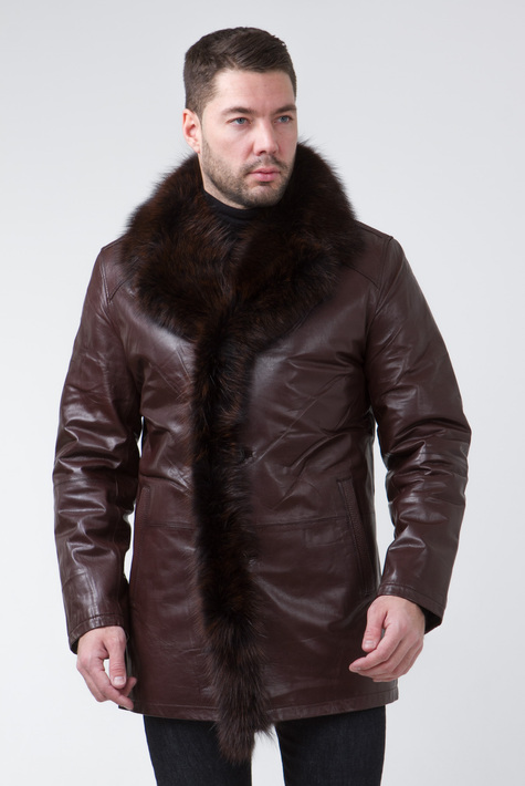 Мужская кожаная куртка из натуральной кожи на меху с воротником, отделка енот 3600031