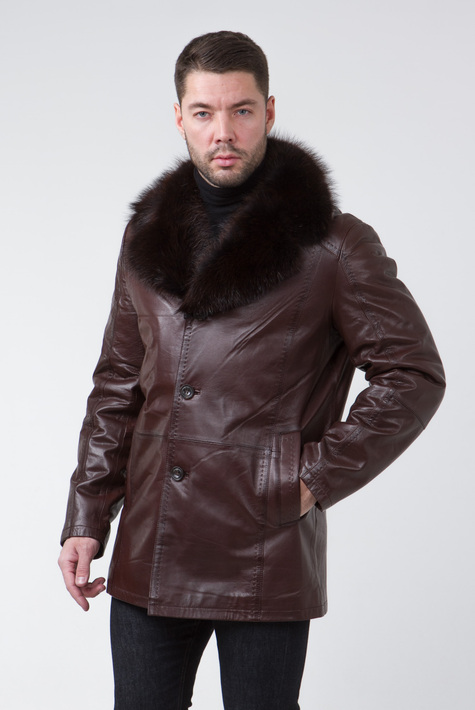 Мужское кожаное пальто из натуральной кожи на меху с воротником, отделка енот 3600032