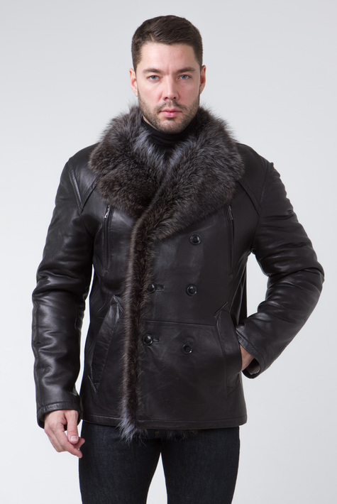 Мужская кожаная куртка из натуральной кожи на меху с воротником, отделка енот 3600033