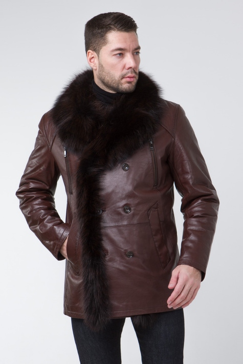 Мужская кожаная куртка из натуральной кожи на меху с воротником, отделка енот 3600035