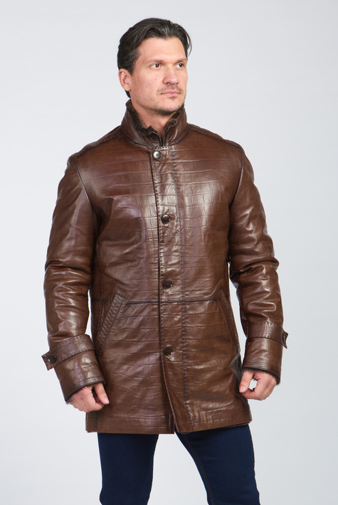 Мужское кожаное пальто из натуральной кожи на меху с воротником 3600045