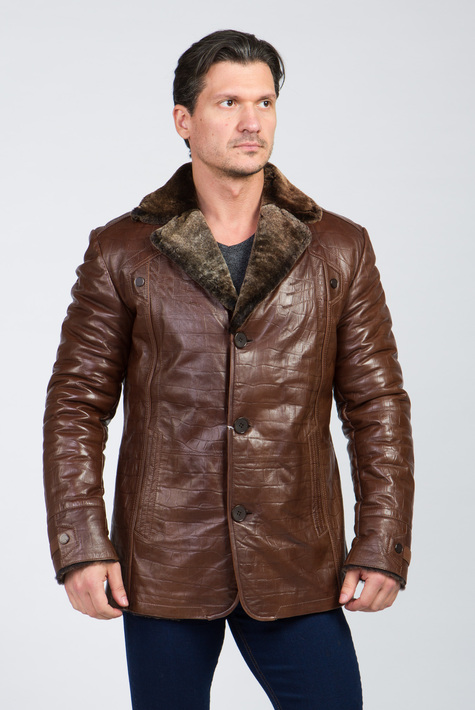 Мужская кожаная куртка из натуральной кожи на меху с воротником 3600046