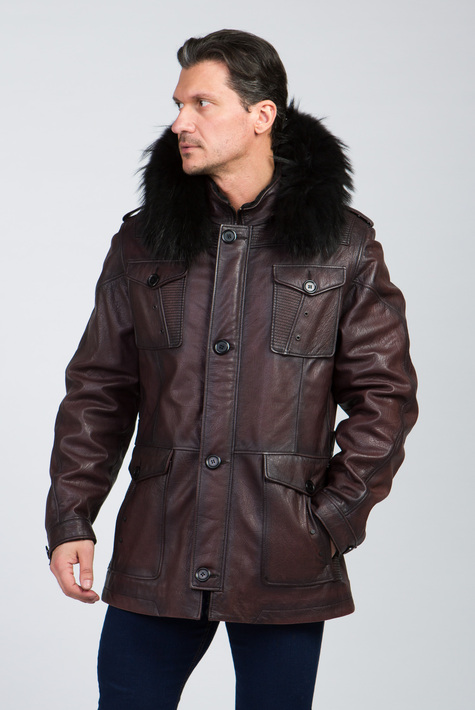 Мужская кожаная куртка из натуральной кожи на меху с капюшоном, отделка енот 3600062