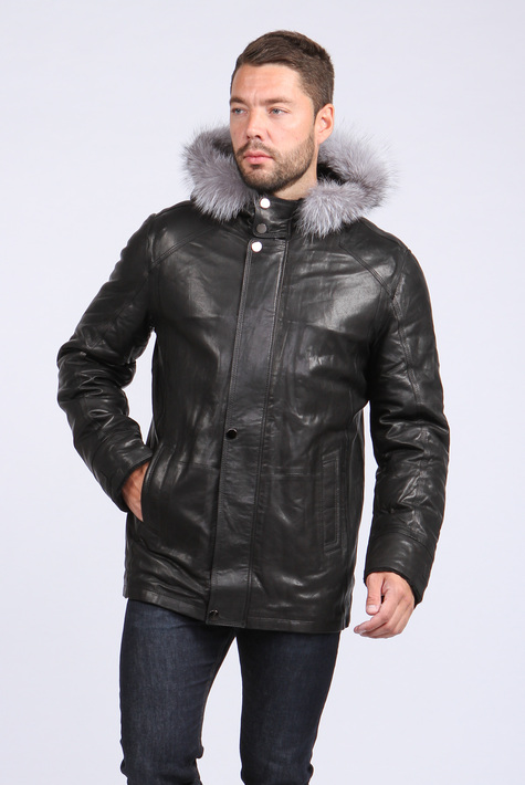 Мужская кожаная куртка из натуральной кожи  на меху с капюшоном, отделка чернобурка 3600112