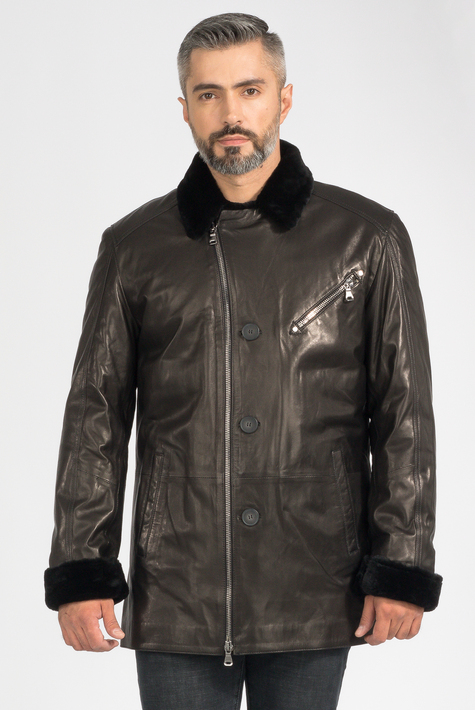 Мужская кожаная куртка из натуральной кожи на меху с воротником 3600149