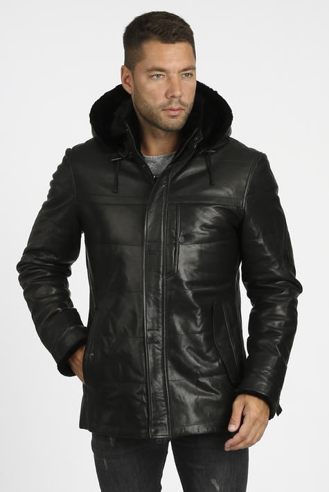 Мужская кожаная куртка из натуральной кожи на меху с капюшоном 3600176