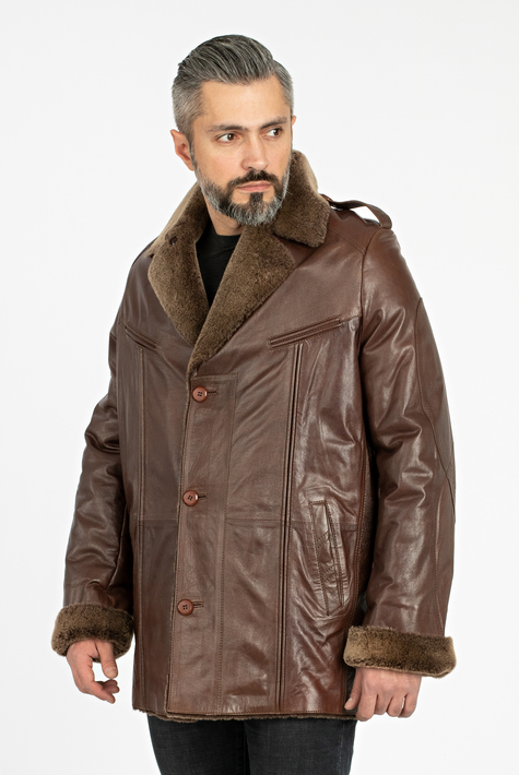 Мужская кожаная куртка из натуральной кожи на меху с воротником 3600187