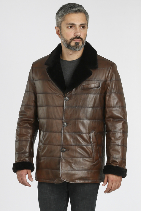 Мужская кожаная куртка из натуральной кожи на меху с воротником 3600196