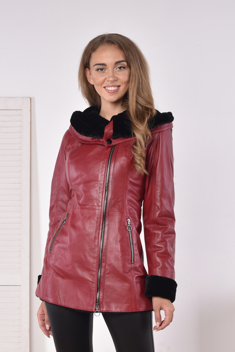 Женская кожаная куртка из натуральной кожи на меху с капюшоном 3600147
