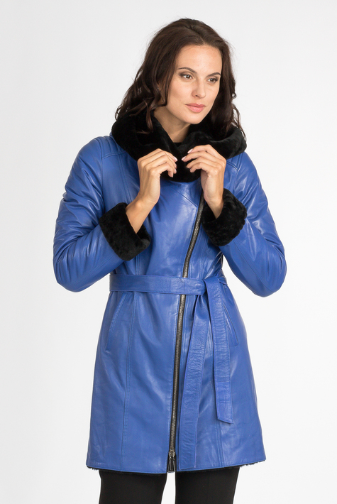 Женская кожаная куртка из натуральной кожи на меху с капюшоном 3600156