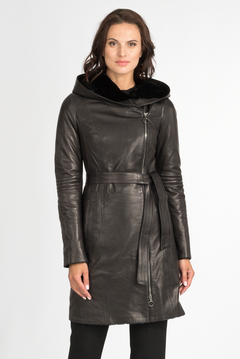 Женское кожаное пальто из натуральной кожи на меху с капюшоном 3600164