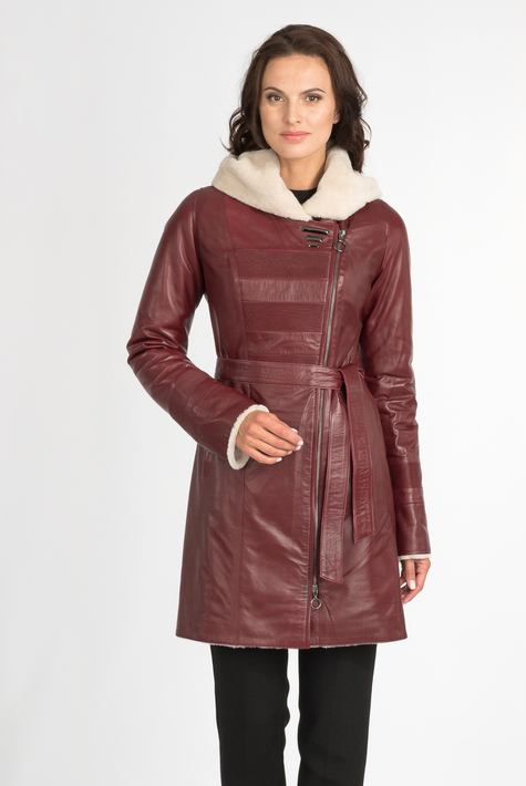Женское кожаное пальто из натуральной кожи на меху с капюшоном 3600166