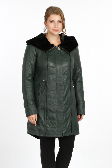 Женское кожаное пальто из натуральной кожи на меху с капюшоном 3600168