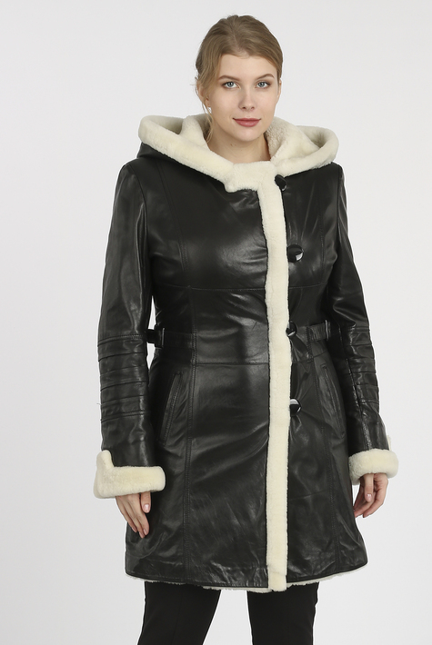 Женская кожаная куртка из натуральной кожи на меху с капюшоном 3600191