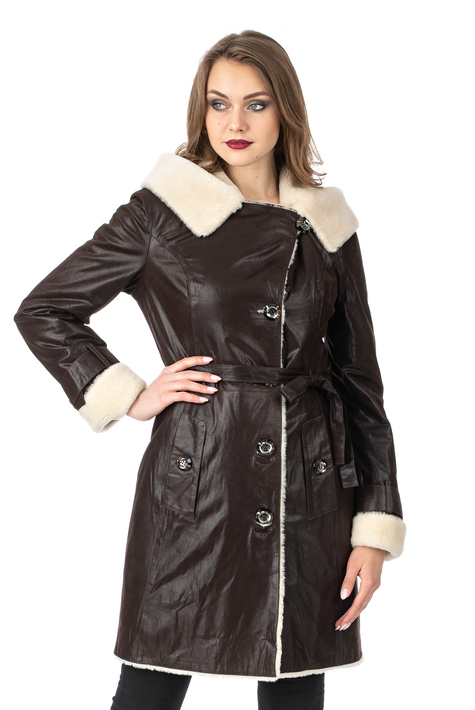 Женское кожаное пальто из натуральной кожи на меху с капюшоном 3600234
