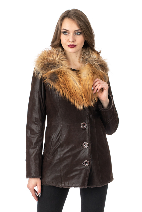 Женская кожаная куртка из натуральной кожи на меху с воротником, отделка лиса 3600244