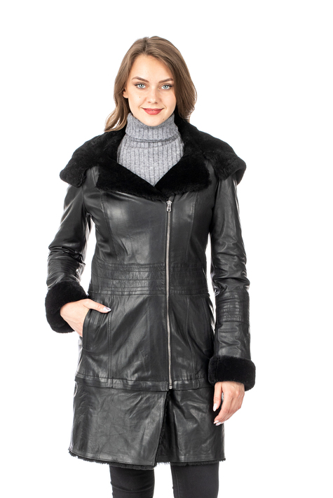 Женское кожаное пальто из натуральной кожи на меху с капюшоном 3600249