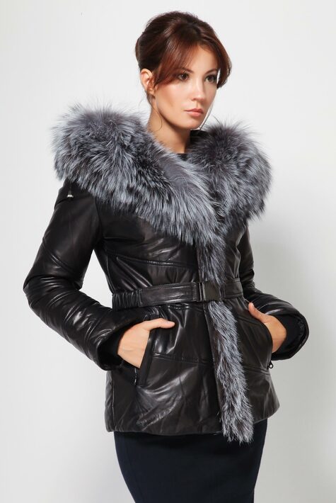 Женская кожаная куртка из натуральной кожи с капюшоном, отделка лиса 0900005