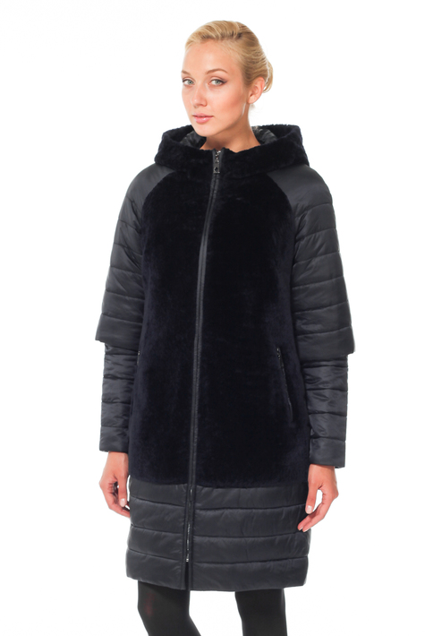 Женское пальто с капюшоном - астраган/текстиль 2100184
