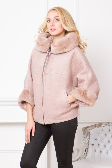 Женское пальто с капюшоном, отделка кролик 3000271