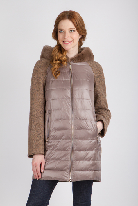 Женское пальто с капюшоном, отделка кролик 3000272